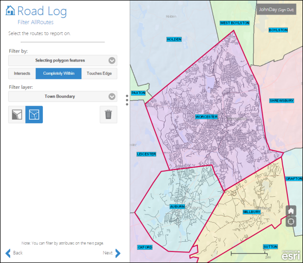 Selecting routes that intersect multiple town boundaries